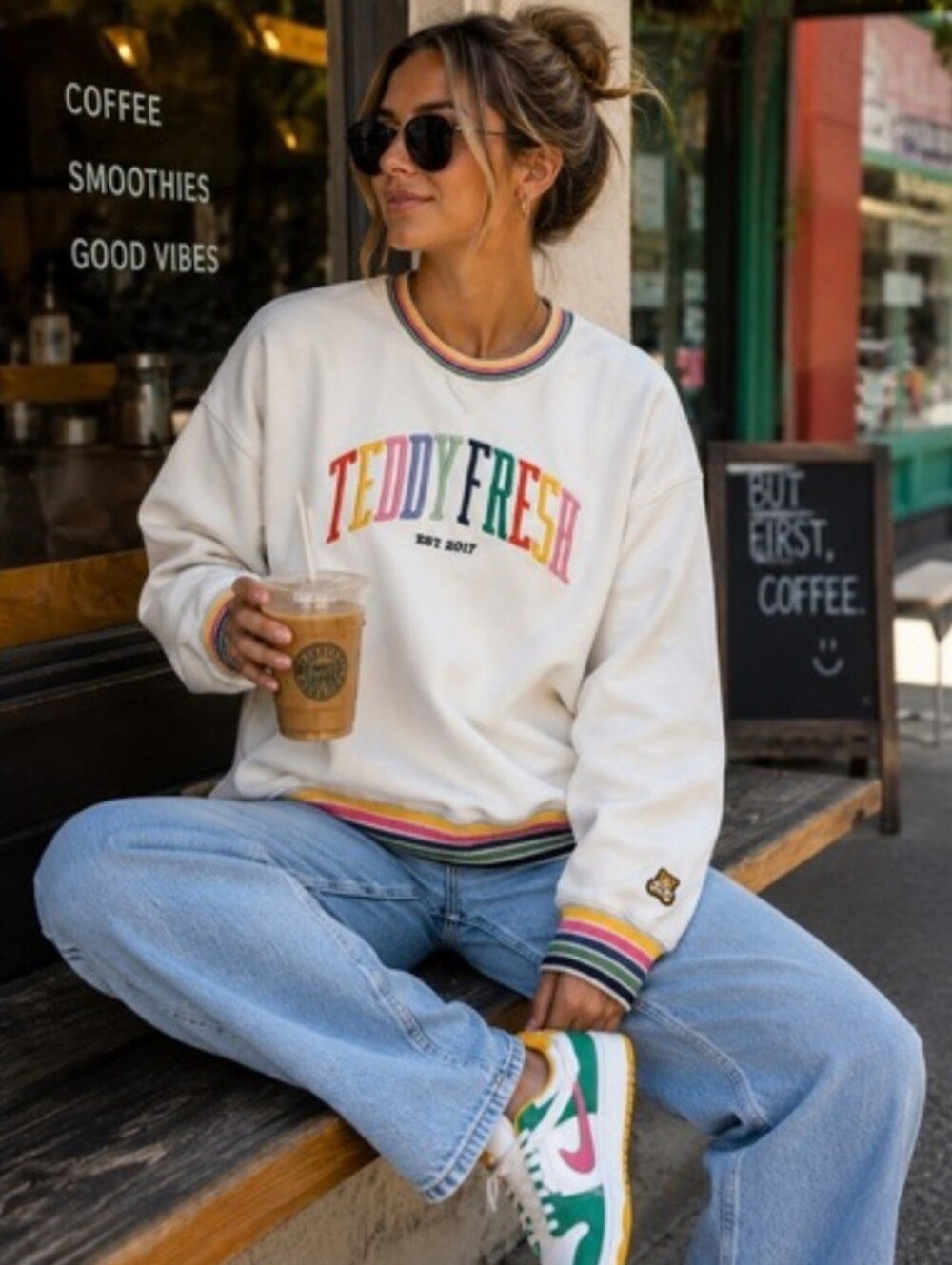 Teddy Fresh Rainbow-Trimmed Crewneck Sweatshirt